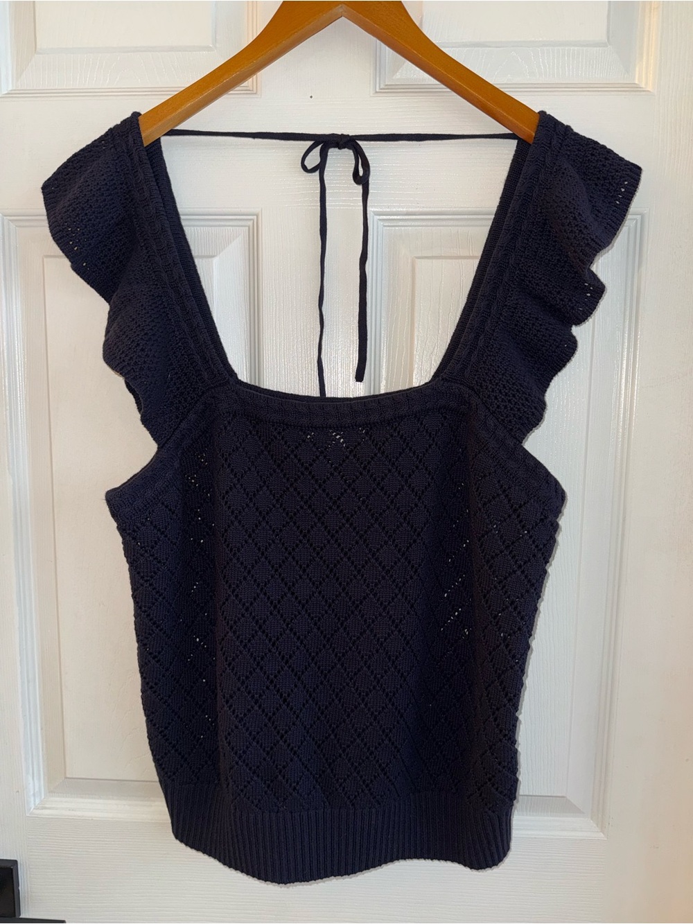 Navy Crochet Knit Ruffle Strap Tank Top
